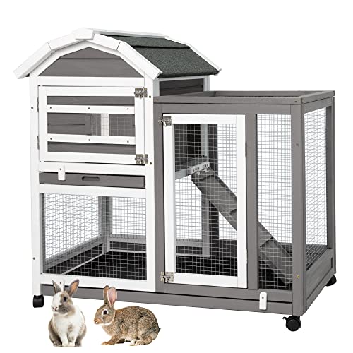 Ketive Rabbit Hutch Indoor Outdoor Bunny Cages Weatherproof Wooden 2 Story Rabbit Cage with Wheels, Deep No Leak Pull Out Tray