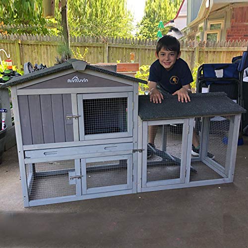 Aivituvin Rabbit Hutch Indoor Bunny Cage Outdoor Rabbit House Bunny Hutch with Deeper Leakproof Plastic Tray (Grey02 -one Set)