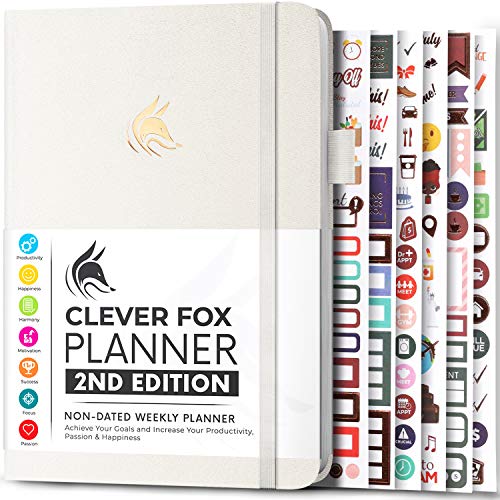 Clever Fox Planner 2nd Edition  Colorful Weekly & Monthly Goal Setting Planner, Habit Trackers, Time Management and Productivity Organizer, Gratitude Journal, Undated, A5, Lasts 1 Year  White