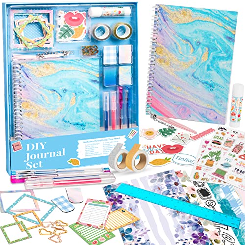 Gifts for Girls Age of 8 9 10 11 12 13 Years Old and Up, DIY Journal Set, Personalized Diary Stuff for Tweens Teens, Decorate Your Planner/Organizer, Journaling Arts Craft Kit. Ideal Girls Toy (Blue)