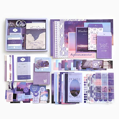 Vintage Aesthetic Scrapbook Kit(346pcs), Scrapbooking Supplies Kit with Bullet Junk Journal, Stationery, A6 Grid Notebook with Graph Ruled Page DIY Journaling Gift for Teen Girl Kid Women, Purple