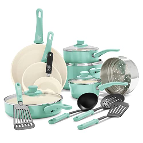 GreenLife Soft Grip Healthy Ceramic Nonstick 16 Piece Kitchen Cookware Pots and Frying Sauce Pans Set, PFAS-Free, Dishwasher Safe, Turquoise