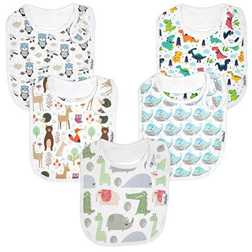 KiddyStar Premium, Organic Cotton Toddler Bibs, Unisex 5-pack Extra Large Baby Bibs for Boys and Girls, Baby Shower Item for Feeding, Drooling, Teething, Adjustable 5 Positions (Bears & Whales)