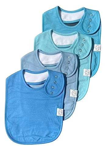 Organic Cotton Bibs, Unisex 4-pack Large Bibs for Boys, Girls, Teens, Youth, Elderly for Feeding, Drooling, Adjustable (Blues)