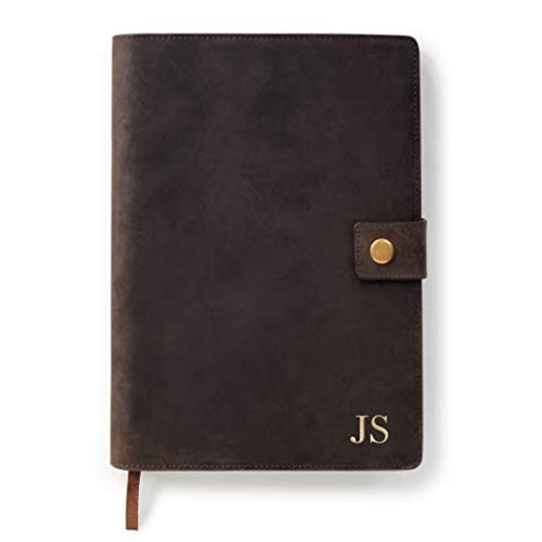 CASE ELEGANCE Full Grain Premium Leather Refillable Journal Cover with A5 Lined Notebook, Pen Loop, Card Slots, Brass Snap (Monogrammed Brown)