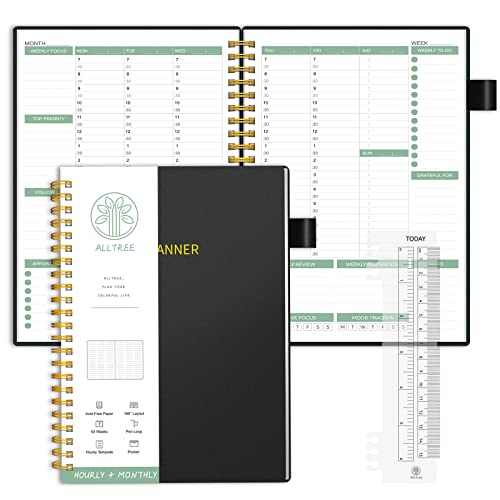 Hourly Planner Undated, To Do List Planner with Hourly Schedule, ALLTREE Habit Tracker Notebook with Spiral Binding, Office Supplies for Organize Appointments & Schedules, Hourly Goals Notebook with Pocket, Pen Loop, Black, 5.5"x8.5"