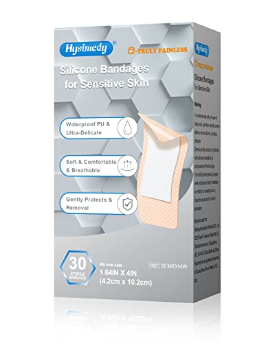 Hysimedy Silicone Adhesive Bandages for Sensitive Skin Ultra-Waterproof Series - 1.64"x4"(30 Counts) - Pain Free Hypoallergenic Latex Free Bandaids for Elderly Kids