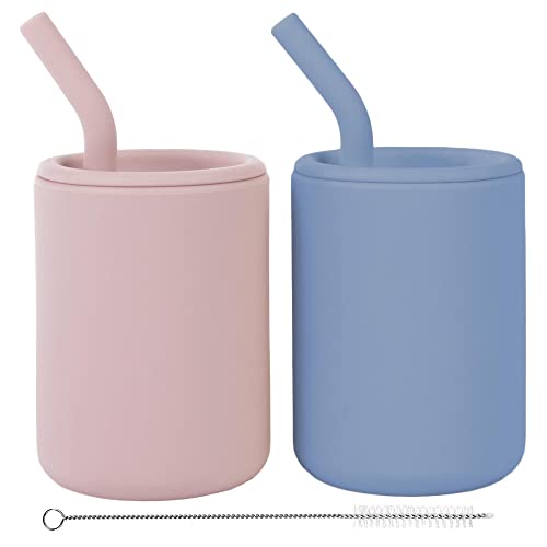 WeeSprout Silicone Baby Cups With Straws and Lids, 4 & 8 oz Options, Set of 2 Food Grade Silicone Toddler Training Cups, Built In Straw Stoppers, Measurement Markings, Dishwasher Safe + Straw Cleaner