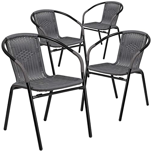 Flash Furniture Lila 4 Pack Gray Rattan Indoor-Outdoor Restaurant Stack Chair