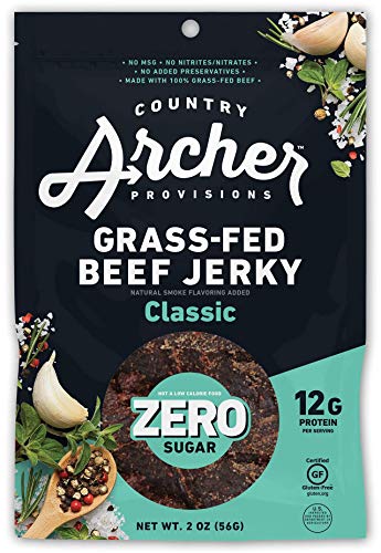 Zero Sugar Classic Beef Jerky by Country Archer, 100% Grass-Fed, Sugar Free, Gluten Free, Protein Snacks, 2 Ounce, 6 Pack