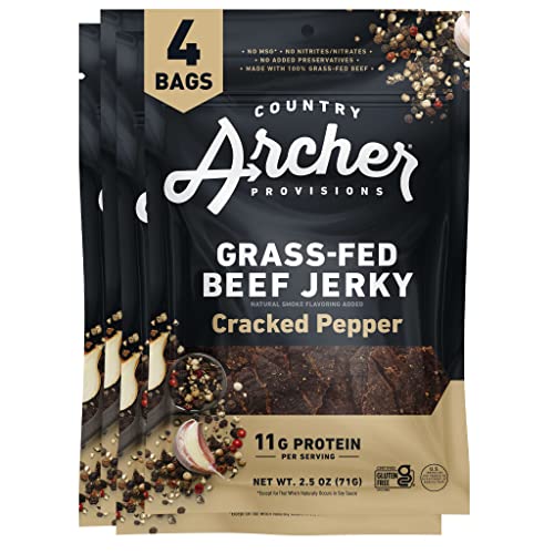 Beef Cracked Pepper Beef Jerky by Country Archer, 100% Grass Fed, Gluten Free, MSG & Nitrite/Nitrate Free, No Preservatives, 2.5oz, 4pk