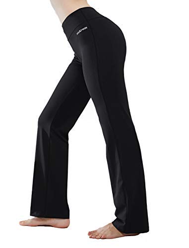 HISKYWIN Inner Pocket Yoga Pants 4 Way Stretch Tummy Control Workout Running Pants, Long Bootleg Flare Pants HF2 Black-L