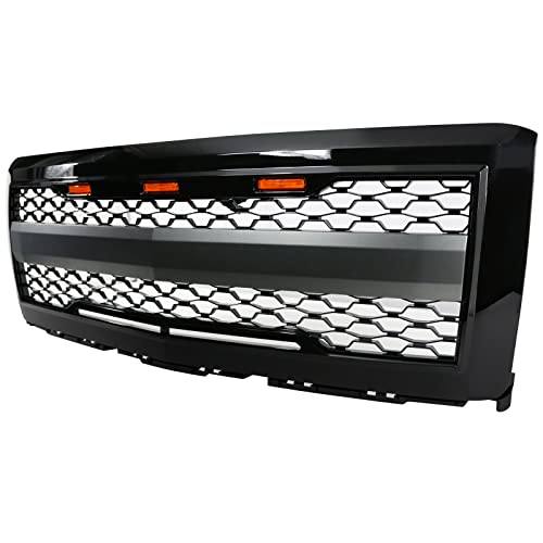 IKON MOTORSPORTS, Grille Compatible With 2014-2015 Chevrolet Silverado 1500, Gloss Black Front Bumper Hood Mesh Grill with Amber Signal Light