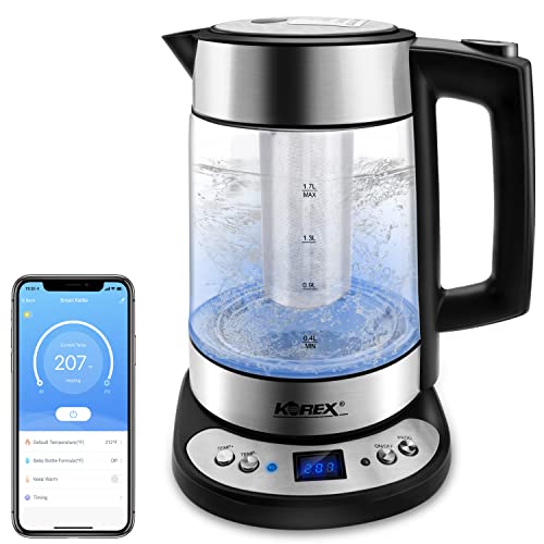 Smart Electric Kettle APP Control, Korex Glass Water Boiler Included Filter Suitable for Alexa Google Home Assistant 1.7 L BPA FREE Great for Coffee Tea Milk With Overheat Protection Controlled by Smartphone