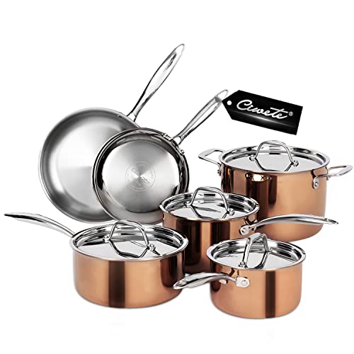 Ciwete Copper Pots and Pans Set Tri-ply Cookware Set 10 Piece, 18/10 Stainless Steel Pot and Pan Set with Stainless Steel Lid, More Nutritious, Include Stock Pot, Saucepan, Fry Pan
