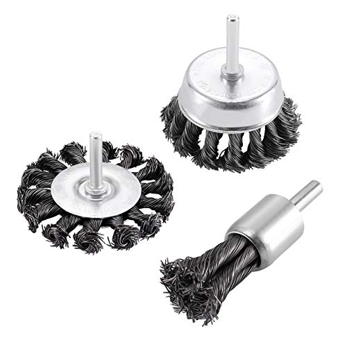 TILAX 3'' Wire Wheel Cup Brush End Brush Set 3 Pcs, Wire Brush for Drill 1/4 Inch Arbor 0.019" Carbon Steel Knotted Wire Brush Drill Bit, Drill Wire Brush Attachment, Rust Removal