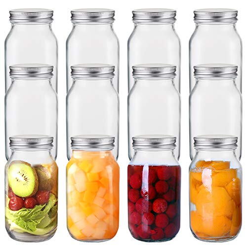 Jucoan 12 Pack 24 oz Glass Mason Jar Canning Jar with Silver Airtight Metal Lids, Regular Mouth Glass Jars for Preserving Fruits, Vegetables, Pickles, Tomato Juices and Sauces (Square Shape)