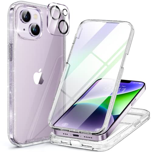 Miracase Glass Series Designed for iPhone 14 Plus Case 6.7 inch, 2022 Upgrade Full-Body Clear Bumper Case with Built-in 9H Tempered Glass Screen Protector and Camera Lens Protector,Glitter Clear