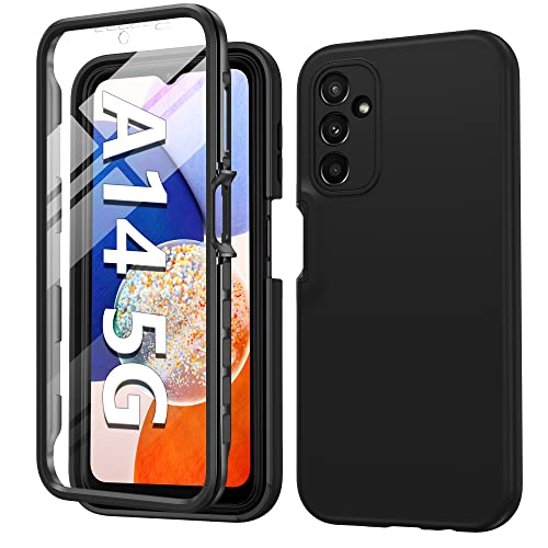 FNTCASE for Samsung Galaxy A14 5G Case: Shockproof Silicone Protective Phone Case with Built-in Screen Protector - Slim Dual Layer Rugged Durable Drop Proof TPU Protection Cover (Plain Black)