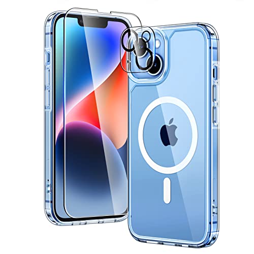 TAURI 5-in-1 Magnetic Designed for iPhone 13 Case for iPhone 14 Case [Compatible with MagSafe], with 2 Screen Protector +2 Camera Lens Protector, [Not-Yellowing] Phone Case for iPhone 13/14, Clear