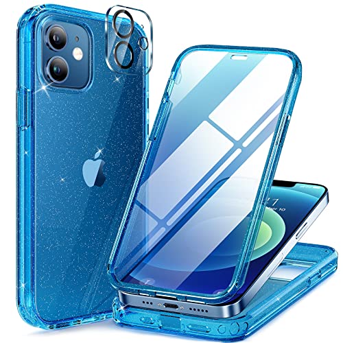Miracase Glass Series for iPhone 12/12 Pro - Full-Body Rugged Protective Case with Built-in 9H Tempered Glass Screen Protector and Camera Lens Protector - Glitter Blue