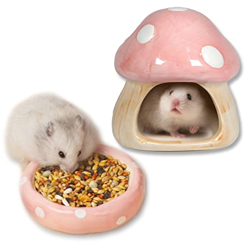 Mushroom Shape Ceramic Cute Shape to Prevent Upset Hamster House Food Feeding Bowl Gerbils Chinchilla Ferret Hedgehog Small Animals (Pink Mushroom Set)