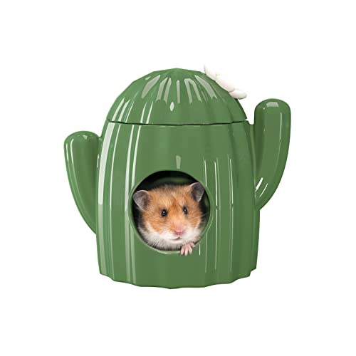 BUCATSTATE Hamster Hideout Ceramic - Cactus Shape Hamster House and Habitats Cool Bed Ideal for Summer Dwarf Hamster Gerbil Mice Golden Bear (Green-Large)