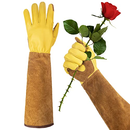 WOHEER Long Gardening Gloves for Women Thorn Proof,Rose Pruning Cowhide Leather Garden Gloves for Cactus, Rose and Blackberry, Medium (1 Pair)