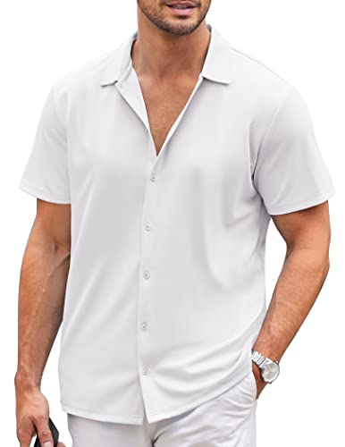 COOFANDY Mens Short Sleeve Button Up Shirts Lightweight Stretch Shirt Knitted Shirts White