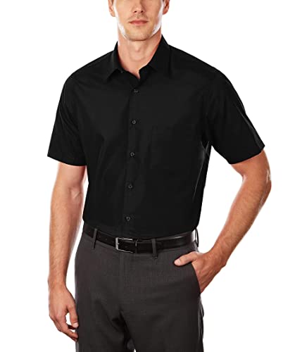 Van Heusen Men's Short Sleeve Dress Shirt Regular Fit Poplin Solid, Black, 15.5" Neck