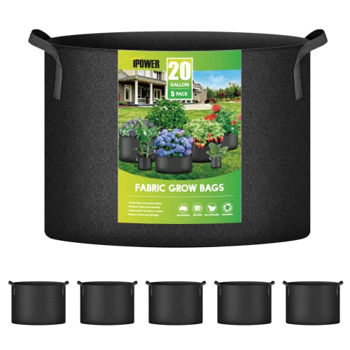 iPower 5-Pack 20 Gallon Plant Grow Bags Thickened Nonwoven Aeration Fabric Pots Heavy Duty Durable Container, Strap Handles for Garden, Black