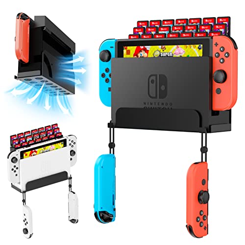 KUNSLCUK Wall Mount for Switch and Switch OLED, Metal Wall Mount Stand Accessories with 28 Game Cards Holder and 2 Joy-Con Hooks, Safely Mount your Switch on Wall Near TV (Black)