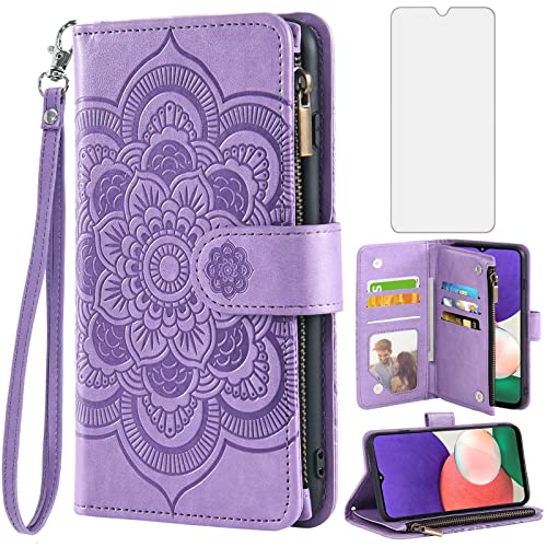 Asuwish Phone Case for Samsung Galaxy A22 5G/Boost Mobile Celero 5G Wallet Cover with Tempered Glass Screen Protector and Flip Credit Card Holder Stand Cell Celero5G Gaxaly A 22 22A G5 Women Purple