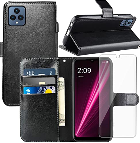 YJROP for T-Mobile Revvl 6/Boost Celero 5G 6.5" (2023) Case, with Screen Protector,PU Leather Wrist Strap Card Slots Shockproof Protective Flip Cover Phone Wallet Case for Revvl 6 5G 6.5", Black