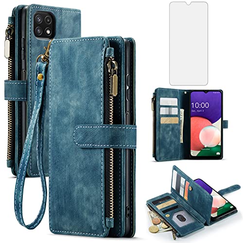 Asuwish Phone Case for Samsung Galaxy A22 5G/Boost Mobile Celero 5G Wallet Cover and Tempered Glass Screen Protector Flip Card Holder Stand Cell Accessories Celero5G Gaxaly A 22 22A G5 Women Men Blue