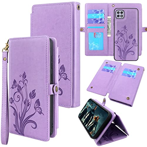 Lacass Compatible with Boost Celero5G Celero 5G Case [ 10 Card Slots ] ID Credit Cash Holder Detachable Magnetic Leather Wallet Phone Cover Kickstand Wrist Strap Lanyard (Butterfly Light Purple)