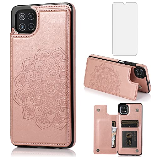 Asuwish Phone Case for Samsung Galaxy A22 5G/Boost Mobile Celero 5G with Screen Protector and Wallet Cover Leather Flip Credit Card Holder Stand Cell Celero5G Gaxaly A 22 22A G5 Women Men Rose Gold