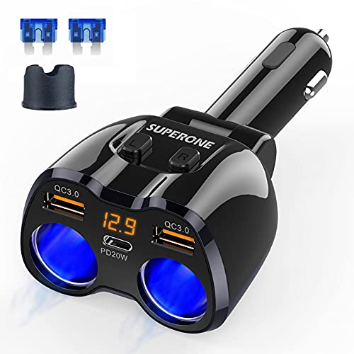 [2023 Upgraded] Cigarette Lighter Splitter, SUPERONE 180W 2-Socket Cigarette Lighter Adapter with Dual QC3.0 and 20W PD USB C Car Charger Splitter for GPS/Dash Cam/Laptop/iPad/iPhone 14/13/12/11