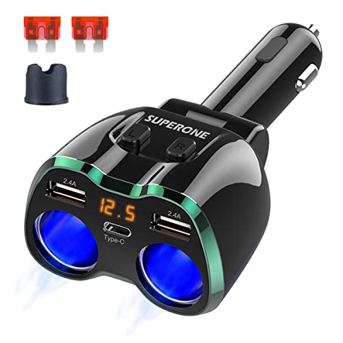 4 IN 1 USB C Car Charger, SUPERONE 2 Socket Cigarette Lighter Splitter 12/24V 80W Dual USB Type-C Adapter Independent Switch LED Voltage Display Replaceable 10A Fuse Compatible Cell Phone GPS Dash Cam