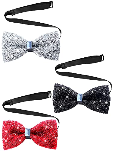 3 Pieces Rhinestone Bow Ties Men Pre Tied Bow Ties with Adjustable Length Men Glitter Bow Tie Sparkly Bow Tie for Wedding and Parties Novelty Banquet (Black, Red, Silver)