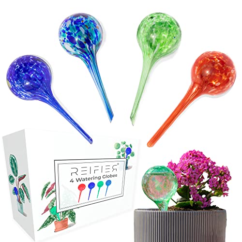 Reifier 4-Pack Large Plant Watering Globes - Self Watering Bulbs for Indoor & Outdoor Plants - Hand-Blown & Colorful Water Globes - Aqua Globes for Plants - Measures 12" L x 3.3" D