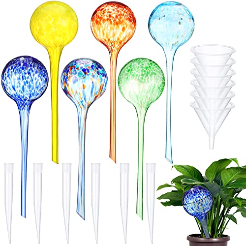 6 Pieces Large Plant Watering Globes Automatic Glass Watering Bulbs Self-watering Plant Ball Device Accessories Auto Feeder System,Tubes Brushes and Hoppers for Indoor Outdoor Garden Potted Plants