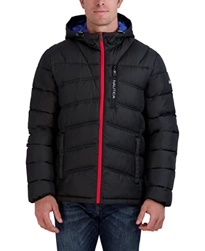 Nautica Men's Water Resistant Long Sleeve Zip Up Adjustable Hood Quilted Coat Jacket, Black, Large US