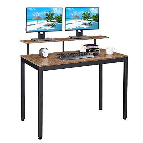 IULULU Computer Desk with Monitor Shelf, 47" Home Office Writing Table Workstation Stable Metal Frame, Easy Assembly, Rustic Brown + Black