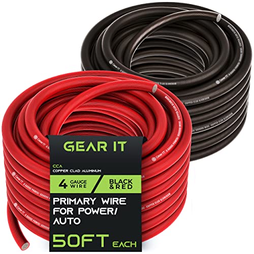 GearIT 4 Gauge Wire (50ft Each - Black/Red Translucent) Copper Clad Aluminum CCA - Primary Automotive Wire Power/Ground, Battery Cable, Car Audio Speaker, RV Trailer, Amp, Electrical 4ga AWG 50 Feet