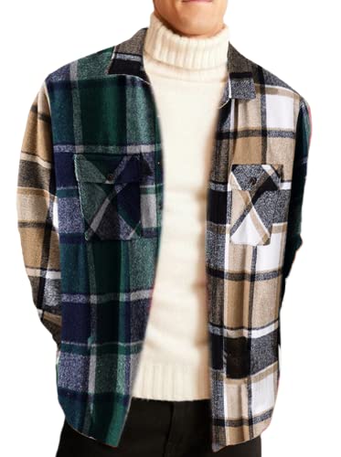 ZAFUL Men's Plaid Flannel Shirts Cotton Long Sleeve Shirts Casual Button Down Fleece Jacket with 2 Pockets Shirt (Coffee XXL)