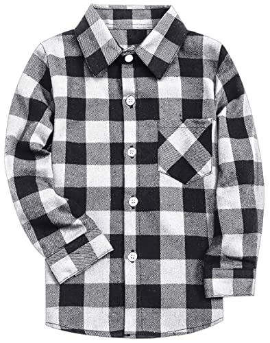 Son and Dad Family Matching Clothes, Men's Casual Work Long Sleeves Button Down Flannel Plaid Shirt Black White, L