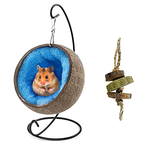 Ranslen Natural Coconut Hamster Hideout Hammock with Molar Toy,Suspension Coconut Husk Hamster Bed House with Warm Pad,Small Animal Guinea Pigs Habitat Decor Accessories Hanging Loop (Brown)