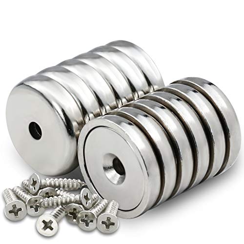 DIYMAG Neodymium Round Base Cup Magnet,60LBS Strong Rare Earth Magnets with Heavy Duty Countersunk Hole and Stainless Screws for Refrigerator Magnets,Office,Craft,etc-Dia 0.98 inch-Pack of 12