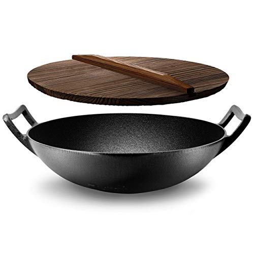 Nutrichef Pre-Seasoned Cast Pan-5.8 QT Heavy Duty Non-Stick Iron Chinese Wok or Stir Fry Skillet w/Wooden Lid, for Electric Stove Top, Induction, Large, Black